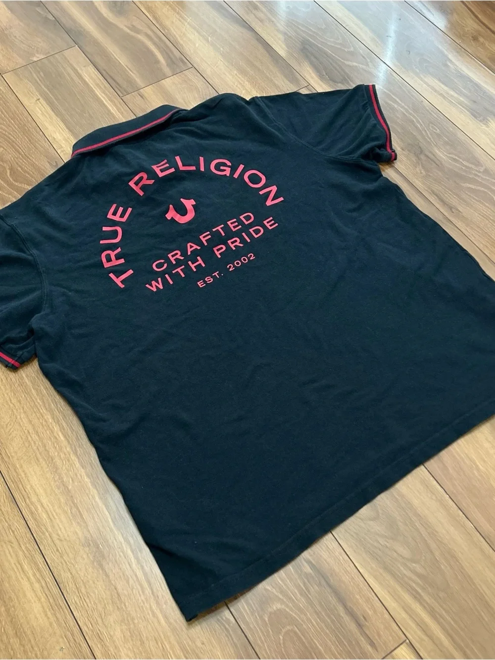 True Religion Polo Shirt Men Black Red Logo Short Sleeve Crafted With Pride/XL